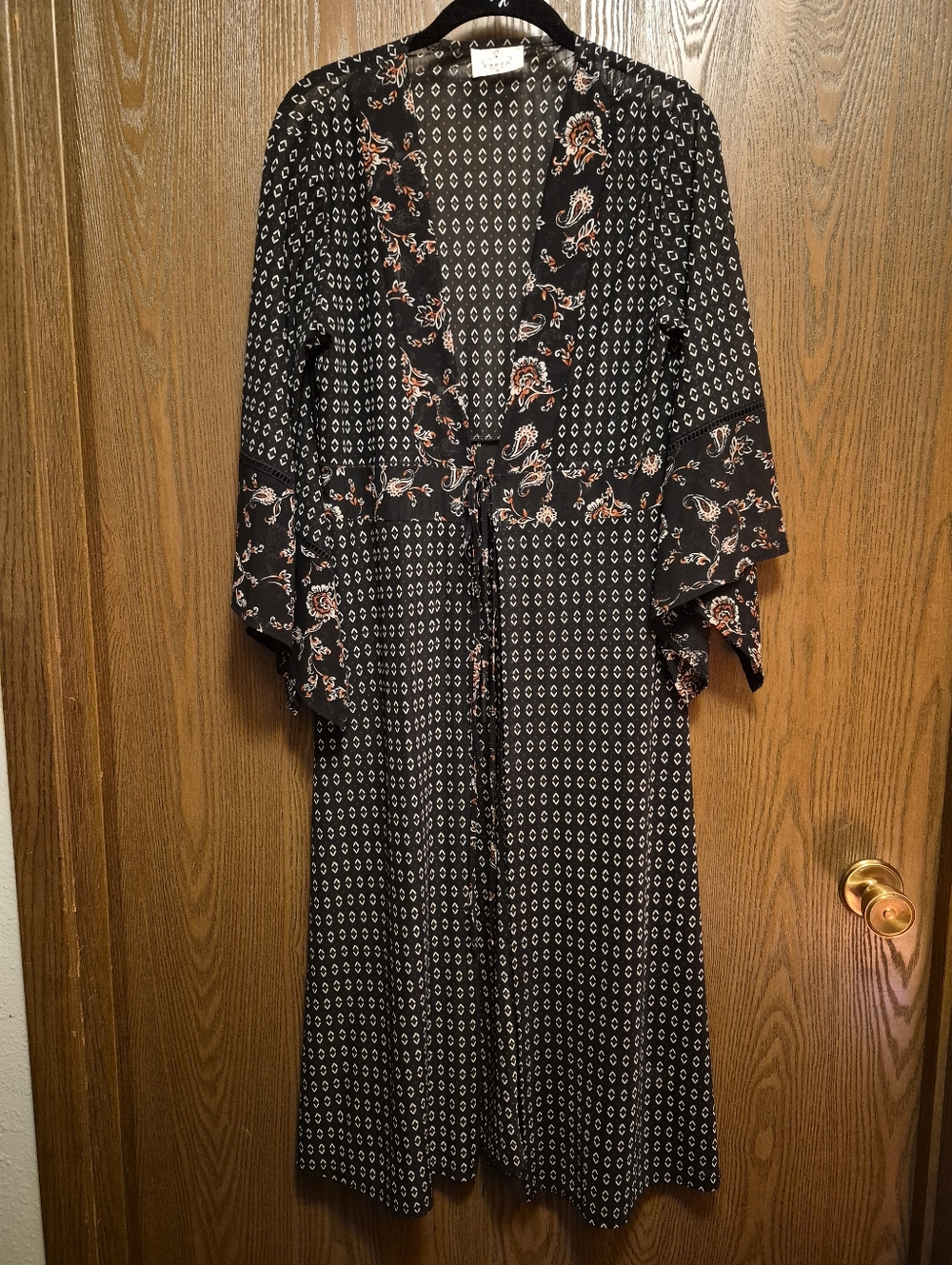 Embet Bohemian Black Printed Kimono Style Long Open  Duster W/ Front Tie M